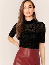 Mock Neck Mesh Overlay Geo Print Fitted Top Without Tube